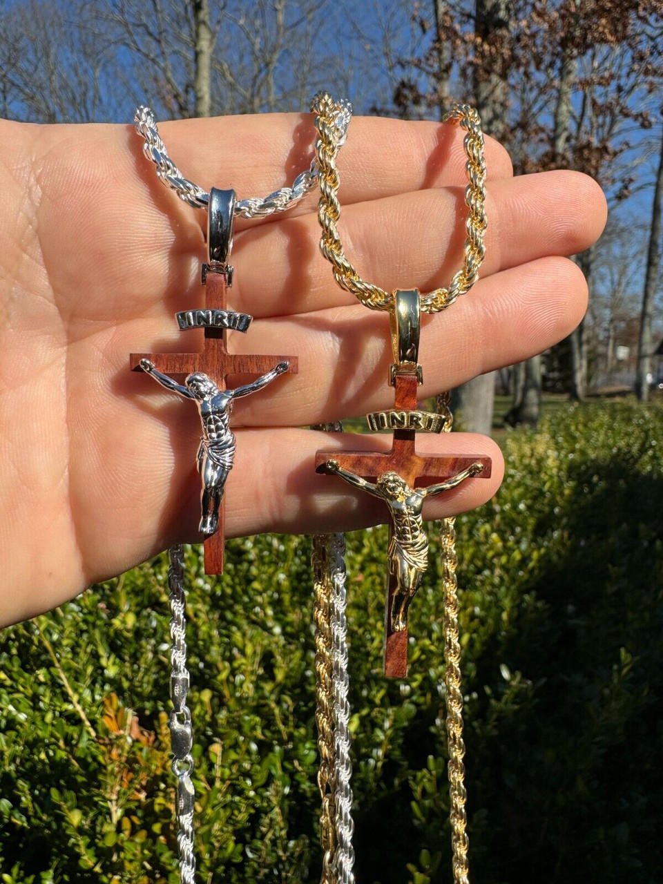 Red Cherry Walnut Wood PlainJesus Cross Pendant - 14k Gold Vermeil Or 925 Silver - Large 2.5"