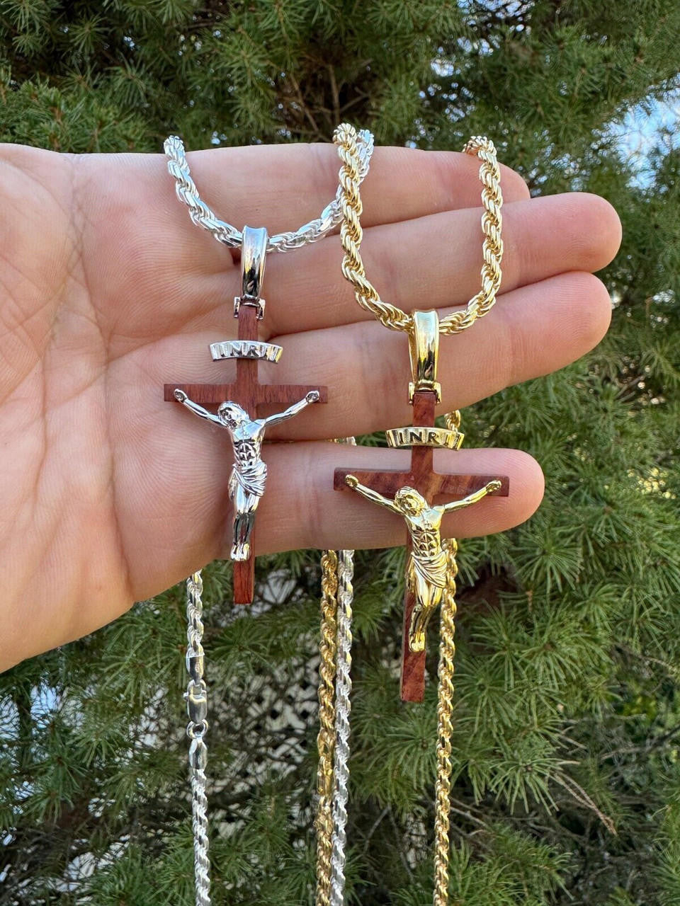 Red Cherry Walnut Wood PlainJesus Cross Pendant - 14k Gold Vermeil Or 925 Silver - Large 2.5"