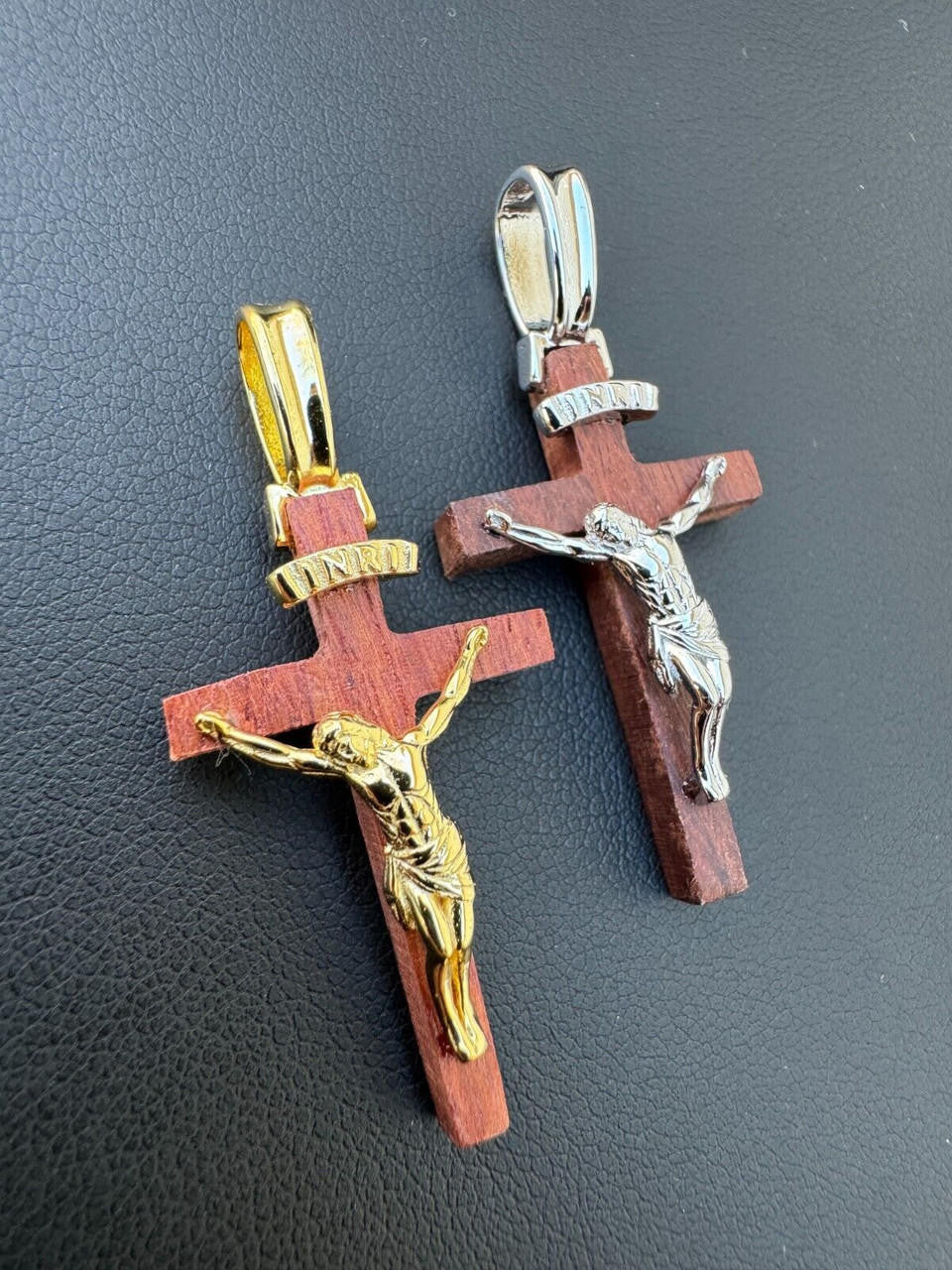 Red Cherry Walnut Wood PlainJesus Cross Pendant - 14k Gold Vermeil Or 925 Silver - Small 1.5"