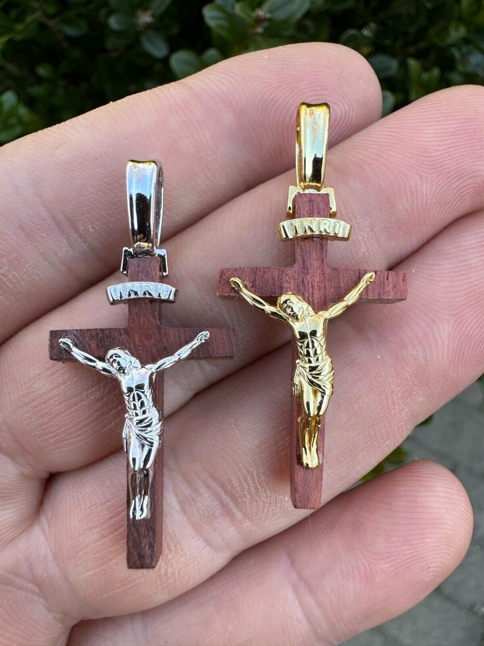 Red Cherry Walnut Wood PlainJesus Cross Pendant - 14k Gold Vermeil Or 925 Silver - Small 1.5"