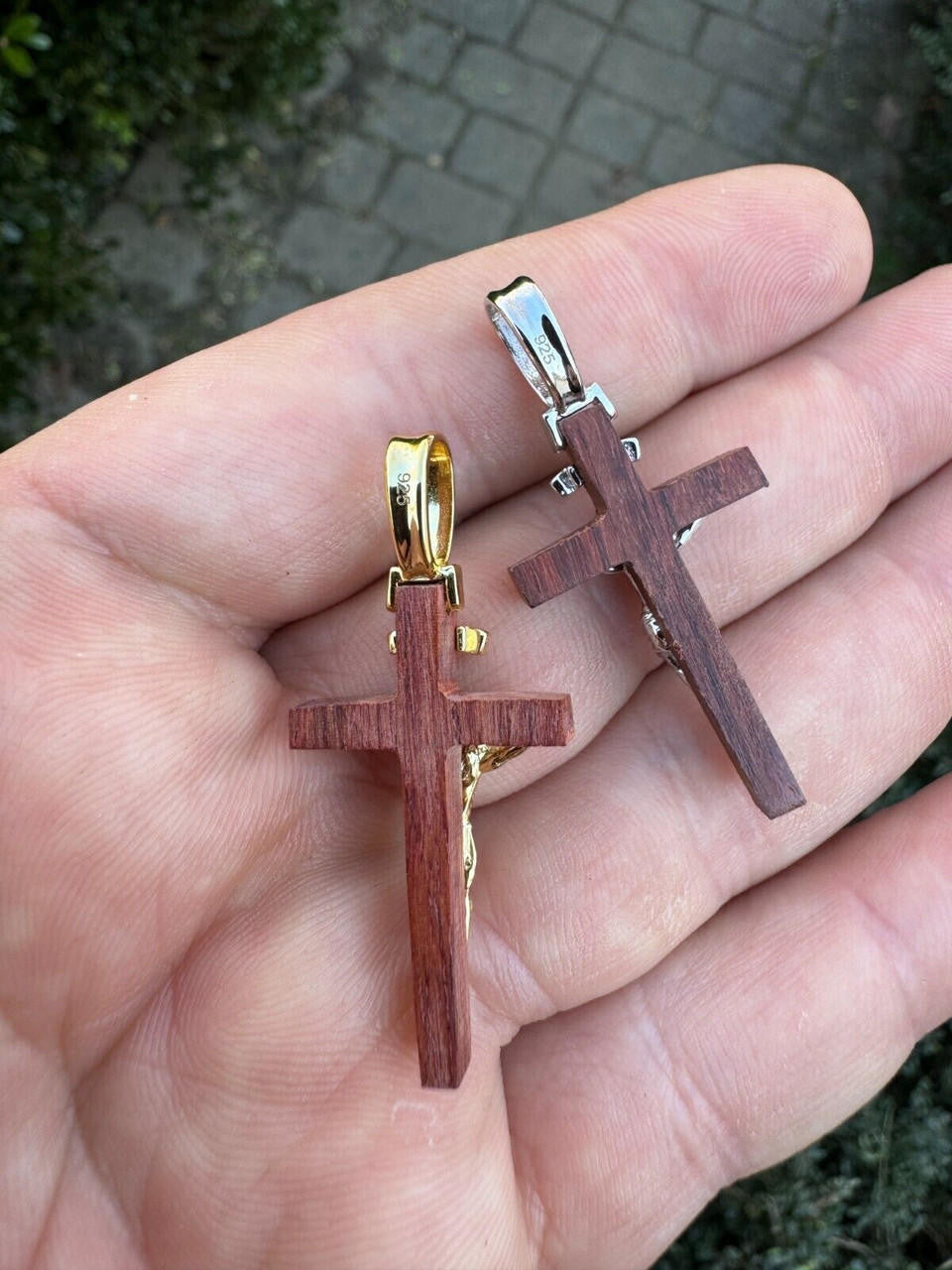 Red Cherry Walnut Wood PlainJesus Cross Pendant - 14k Gold Vermeil Or 925 Silver - Small 1.5"