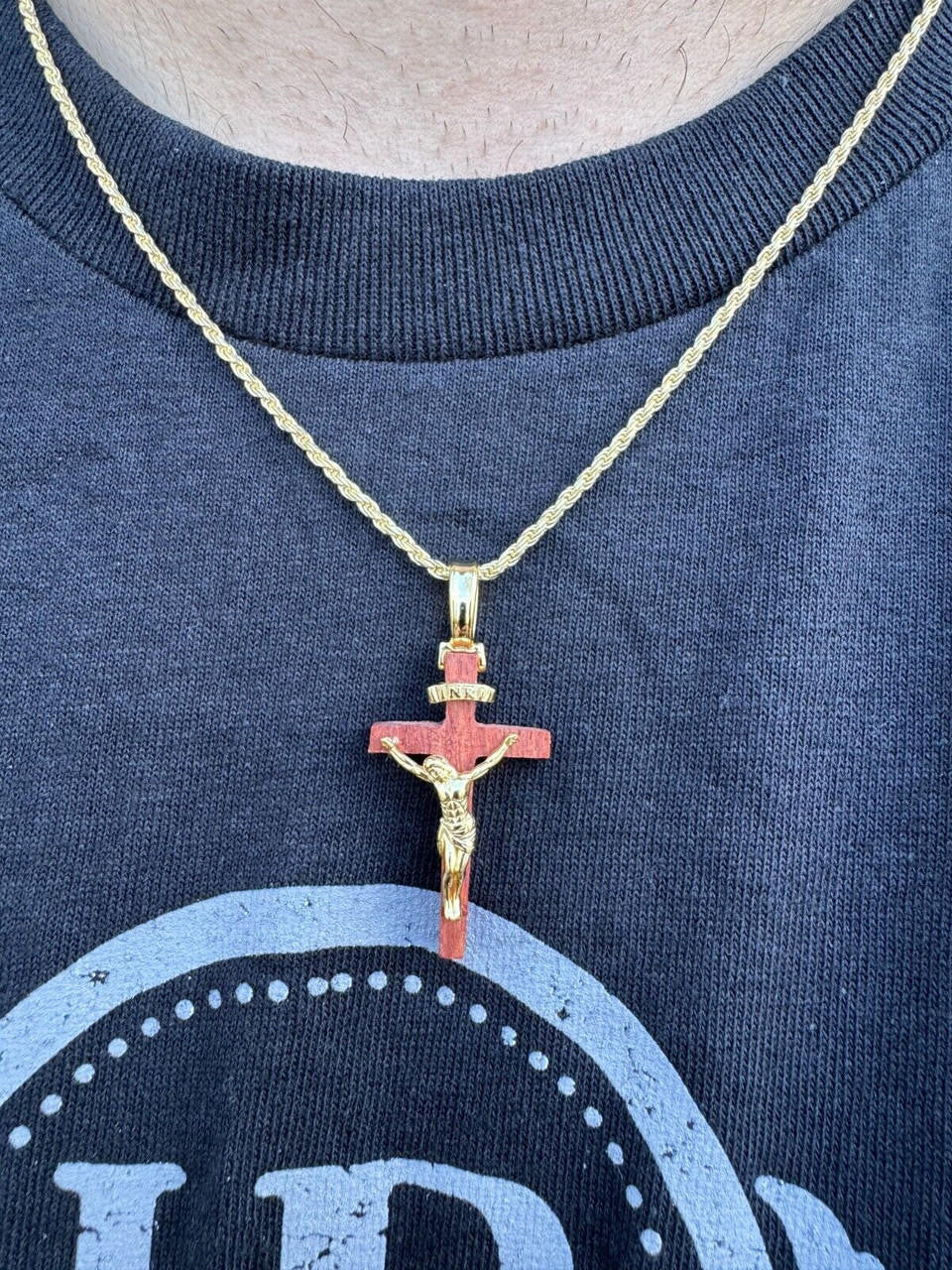 Red Cherry Walnut Wood PlainJesus Cross Pendant - 14k Gold Vermeil Or 925 Silver - Small 1.5"