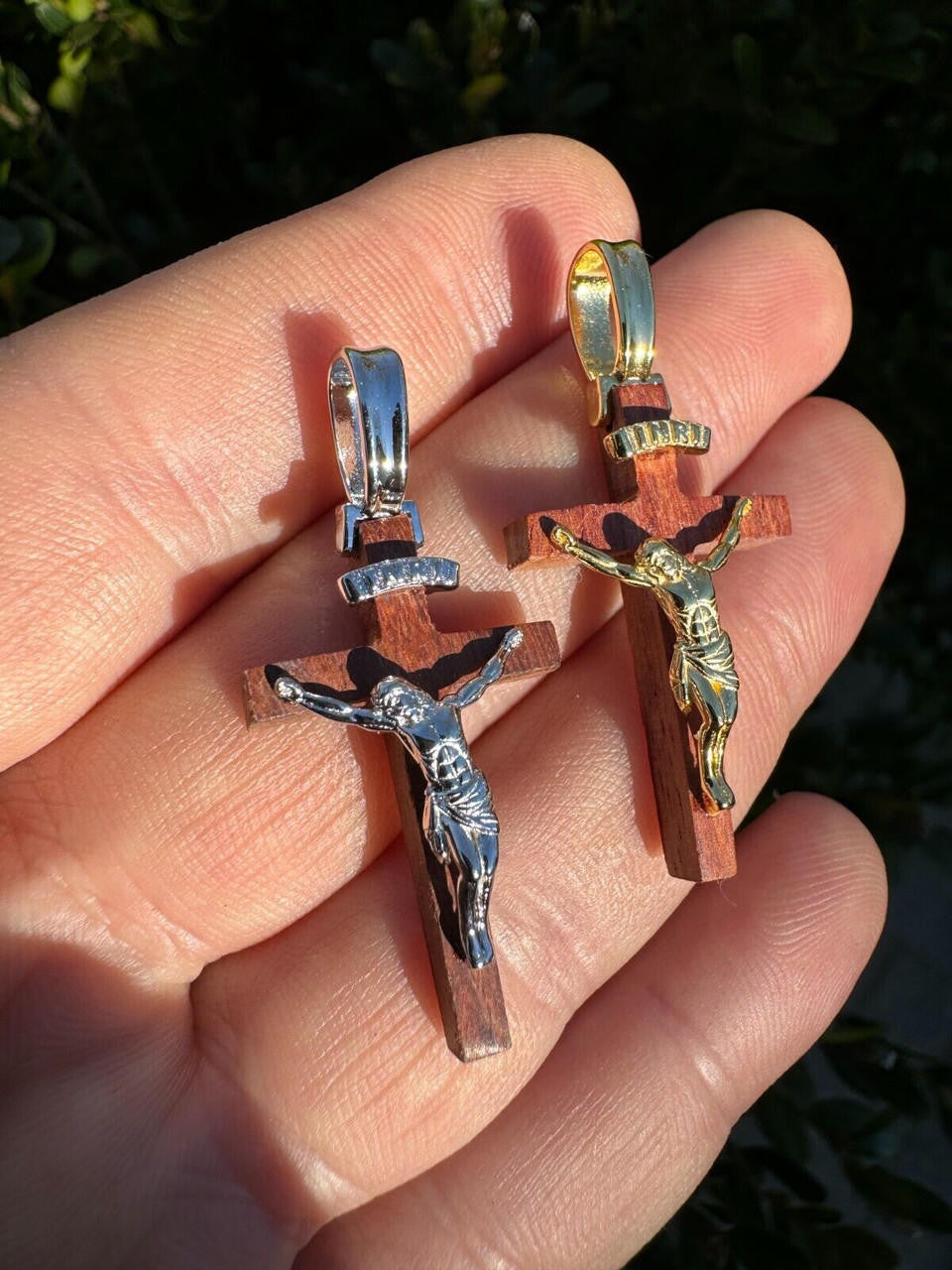 Red Cherry Walnut Wood PlainJesus Cross Pendant - 14k Gold Vermeil Or 925 Silver - Small 1.5"