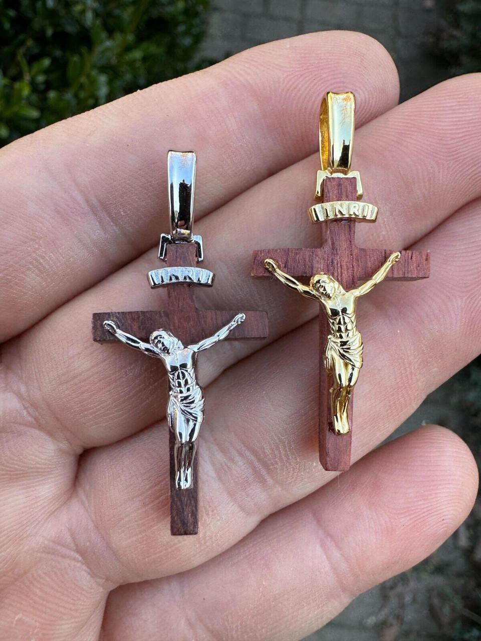 Red Cherry Walnut Wood PlainJesus Cross Pendant - 14k Gold Vermeil Or 925 Silver - Small 1.5"