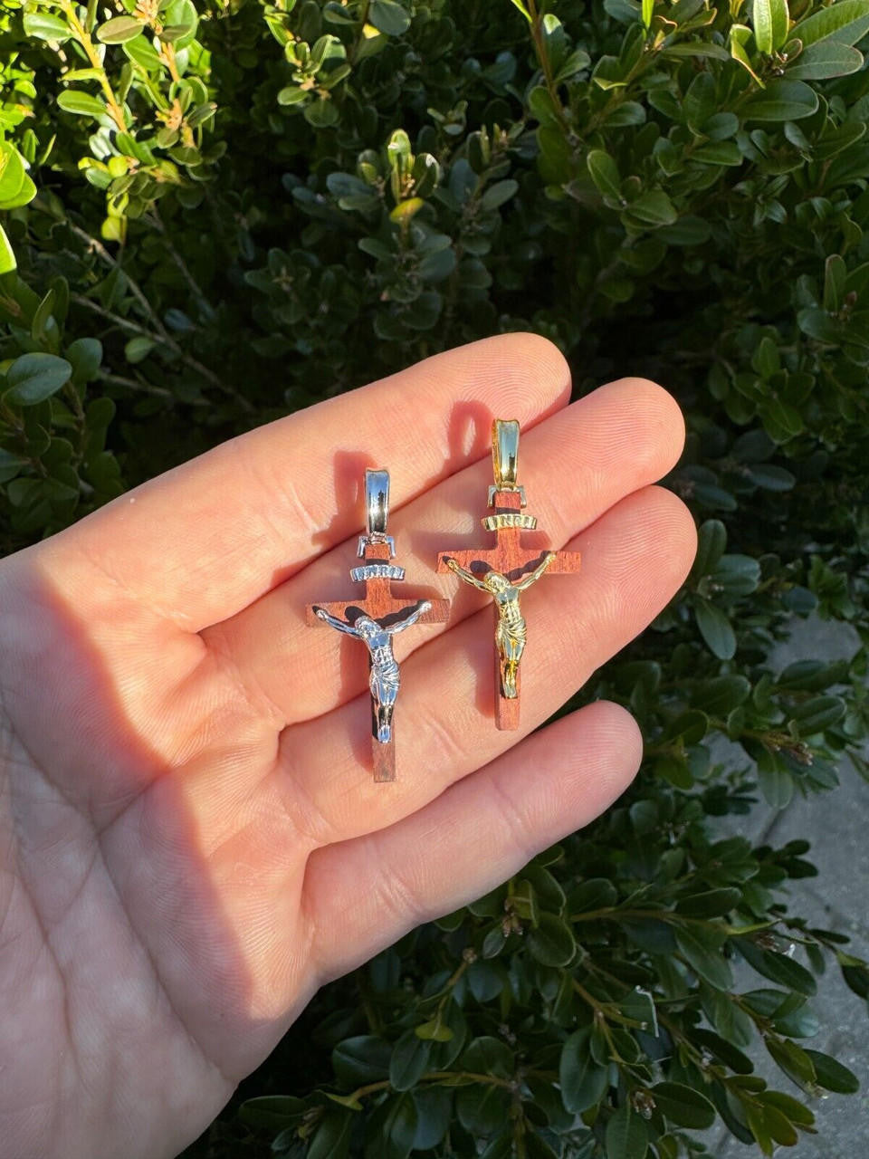 Red Cherry Walnut Wood PlainJesus Cross Pendant - 14k Gold Vermeil Or 925 Silver - Small 1.5"