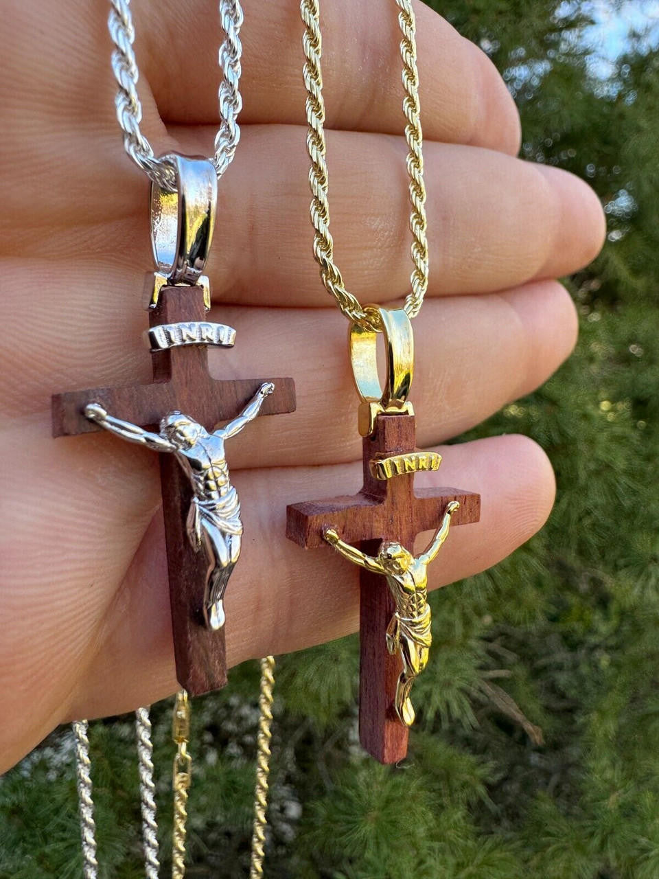 Red Cherry Walnut Wood PlainJesus Cross Pendant - 14k Gold Vermeil Or 925 Silver - Small 1.5"