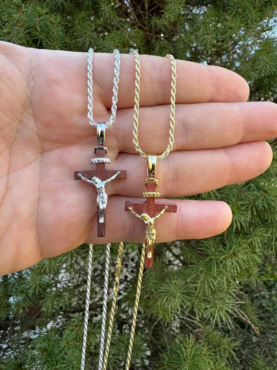 Red Cherry Walnut Wood PlainJesus Cross Pendant - 14k Gold Vermeil Or 925 Silver - Small 1.5"
