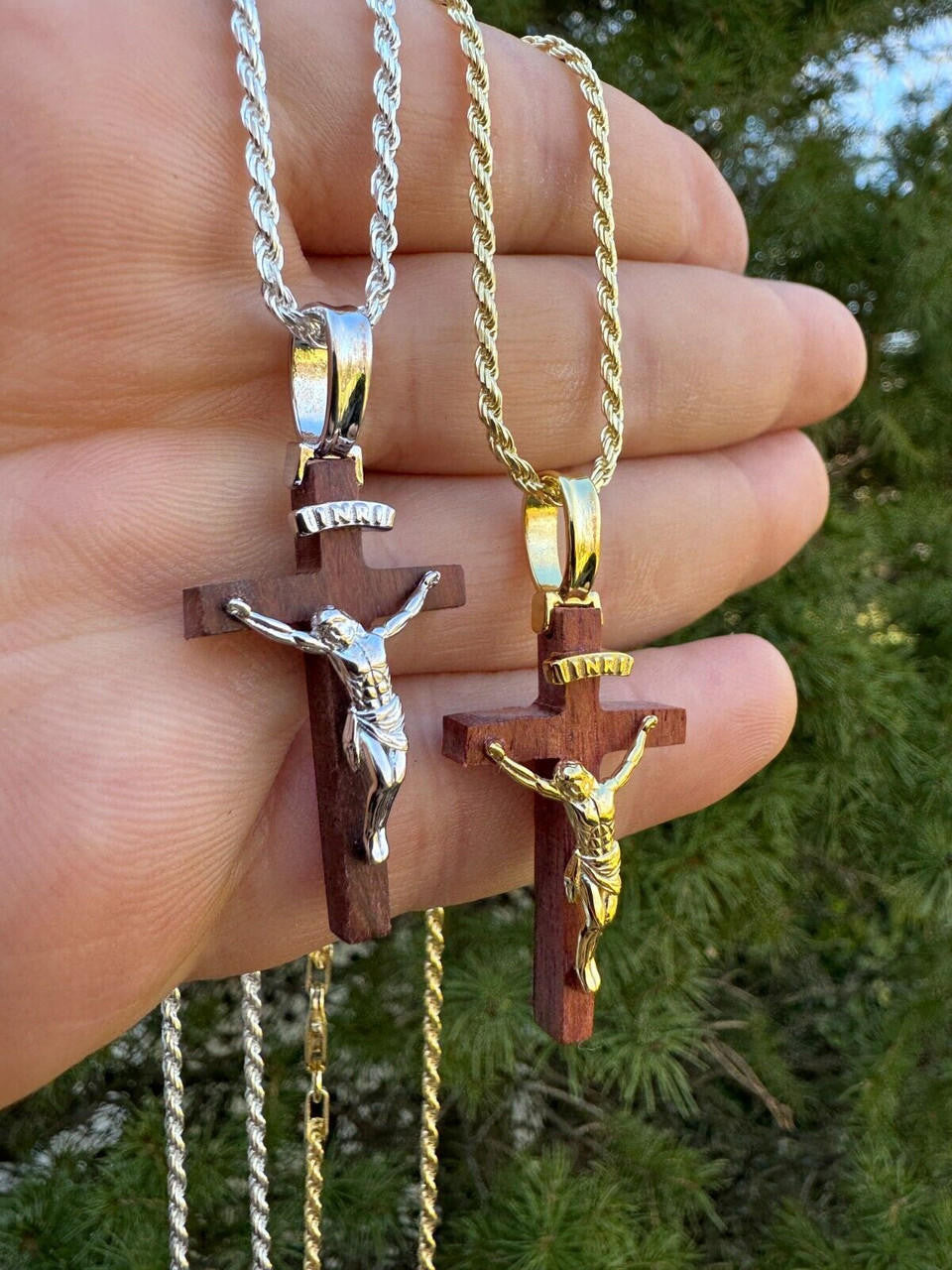 Red Cherry Walnut Wood PlainJesus Cross Pendant - 14k Gold Vermeil Or 925 Silver - Small 1.5"