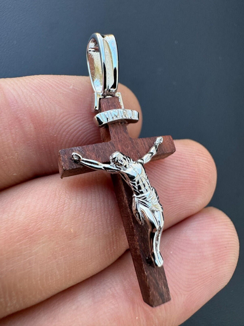 Red Cherry Walnut Wood PlainJesus Cross Pendant - 14k Gold Vermeil Or 925 Silver - Small 1.5"