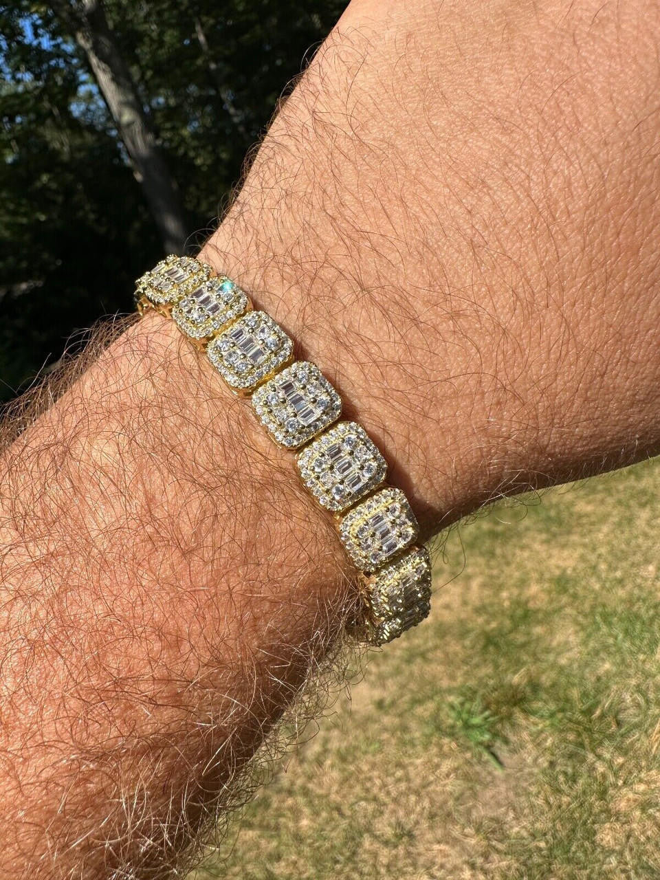 Square Big Boy Link Bracelet Iced Out CZ Stones - 14k Gold Vermeil 925 Silver - 11mm - 7"-9"