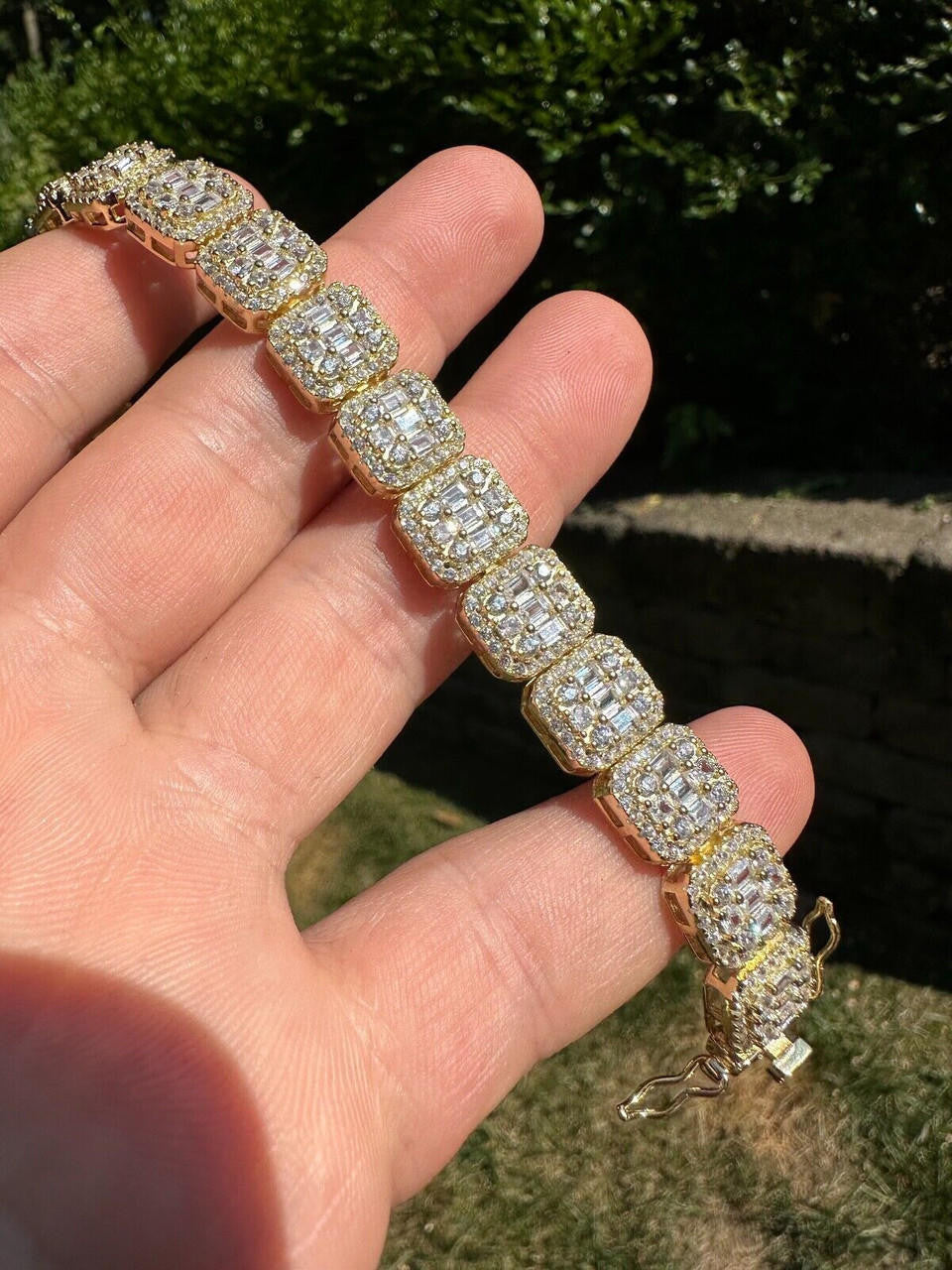 Square Big Boy Link Bracelet Iced Out CZ Stones - 14k Gold Vermeil 925 Silver - 11mm - 7"-9"