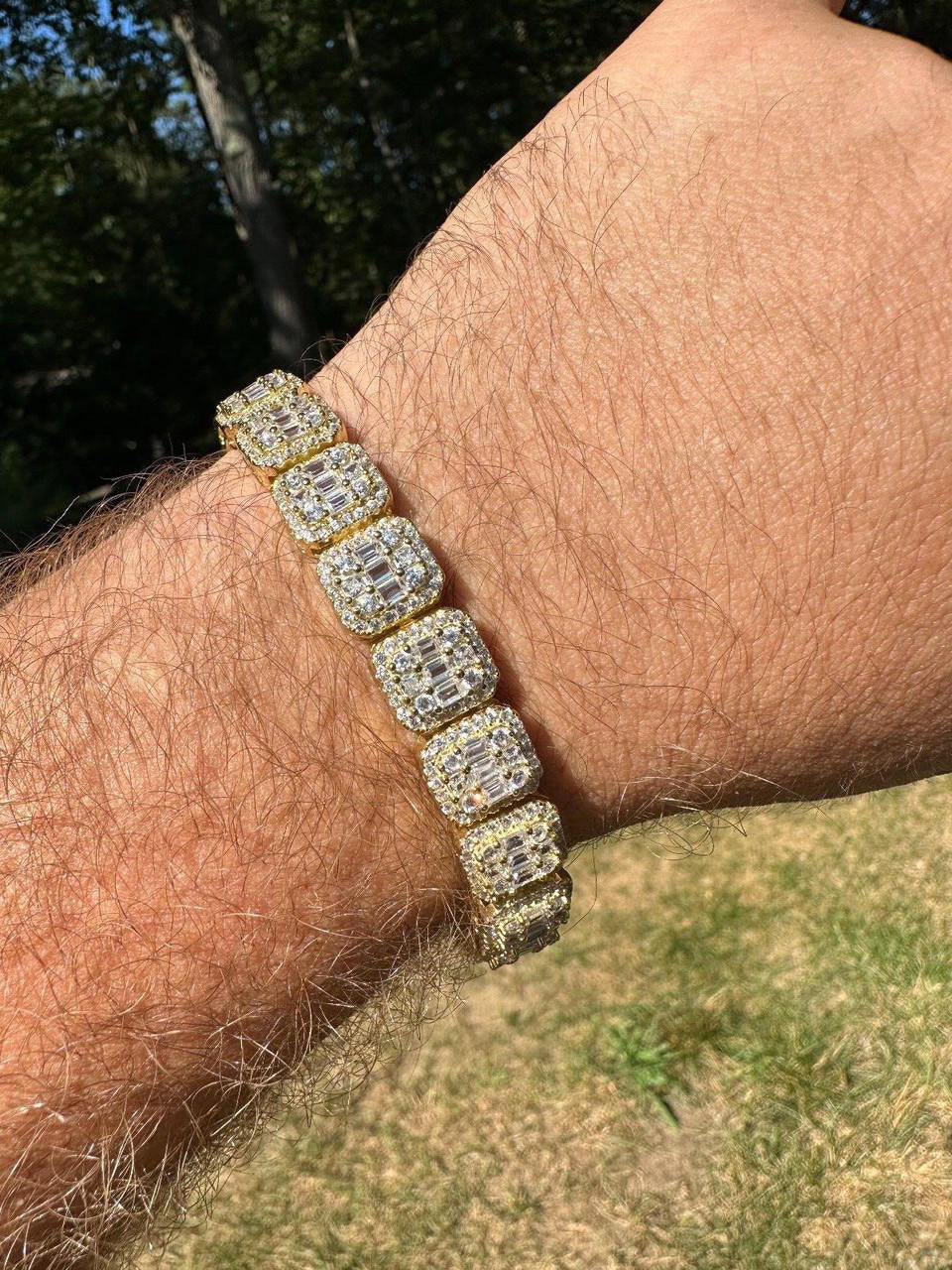 Square Big Boy Link Bracelet Iced Out CZ Stones - 14k Gold Vermeil 925 Silver - 11mm - 7"-9"