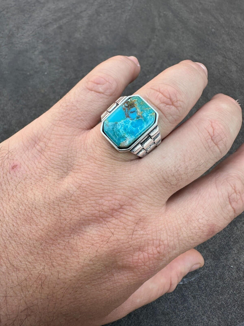 Chief Soldier Ring - 925 Silver Oxidized - Genuine Blue Turquoise Stone