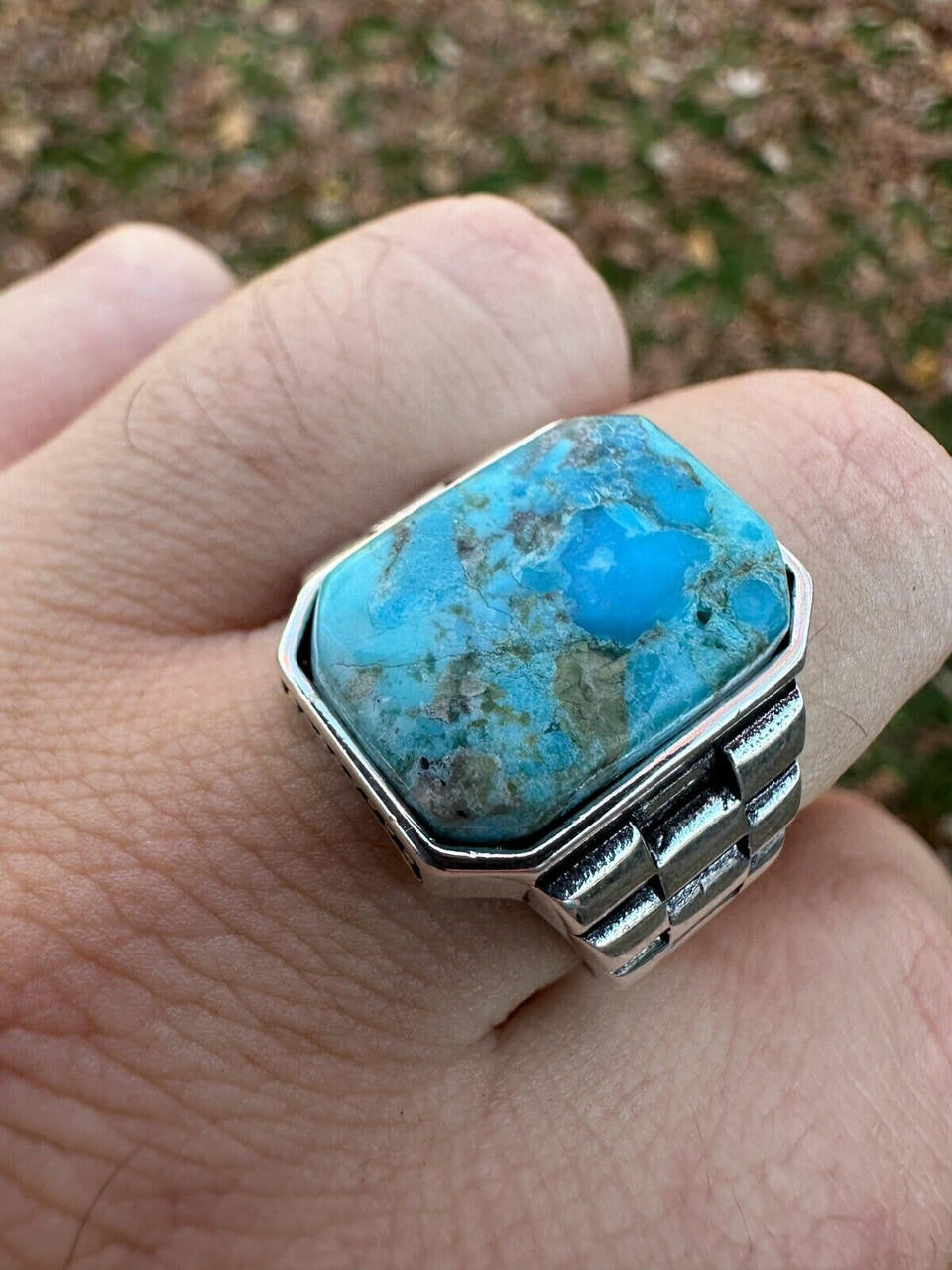 Chief Soldier Ring - 925 Silver Oxidized - Genuine Blue Turquoise Stone