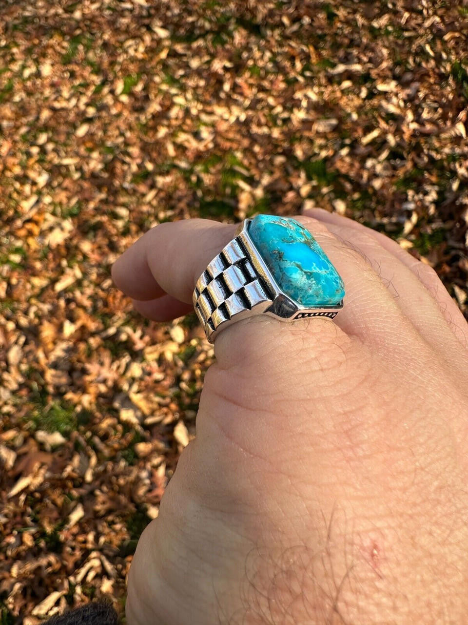 Chief Soldier Ring - 925 Silver Oxidized - Genuine Blue Turquoise Stone