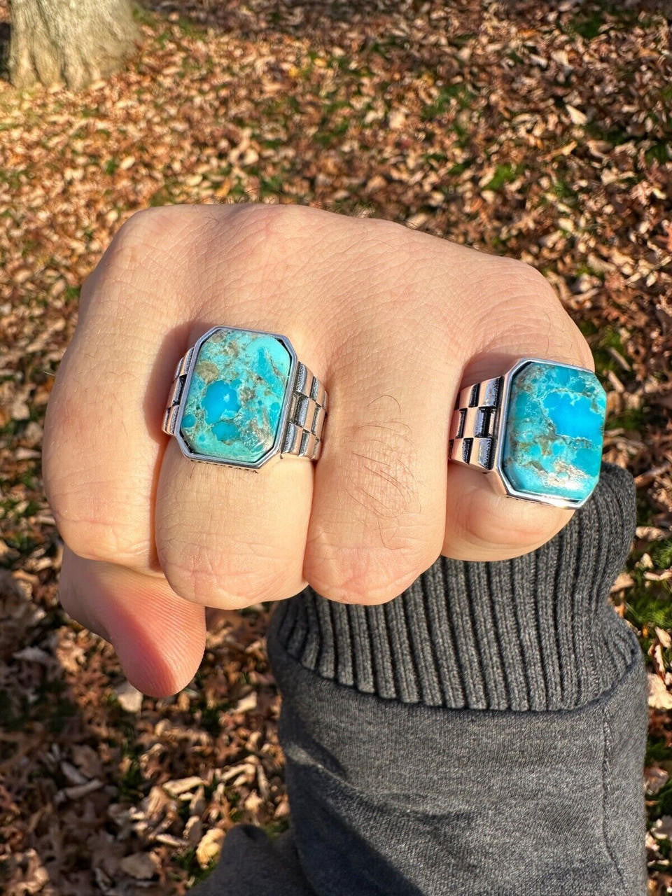 Chief Soldier Ring - 925 Silver Oxidized - Genuine Blue Turquoise Stone