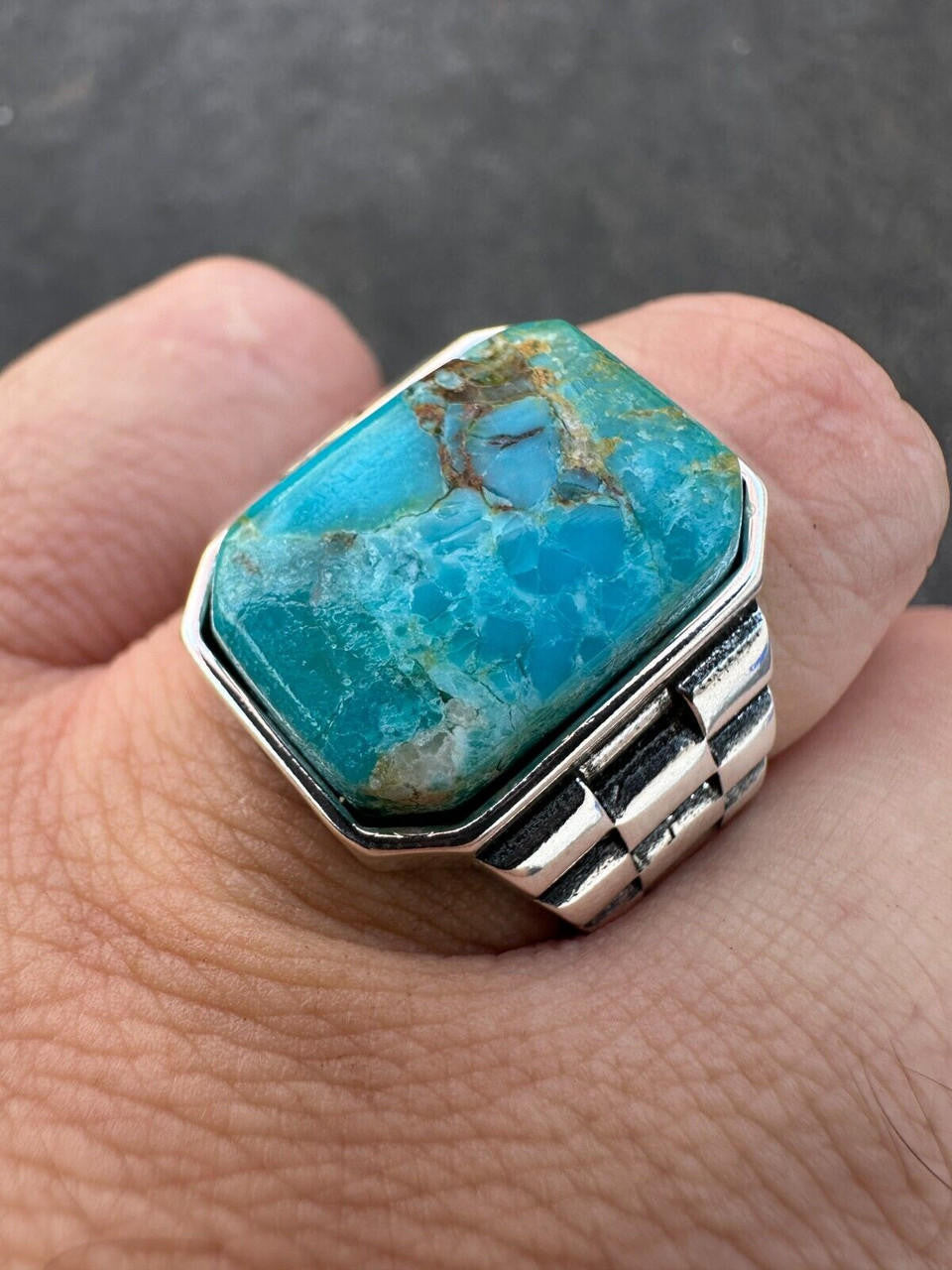 Chief Soldier Ring - 925 Silver Oxidized - Genuine Blue Turquoise Stone