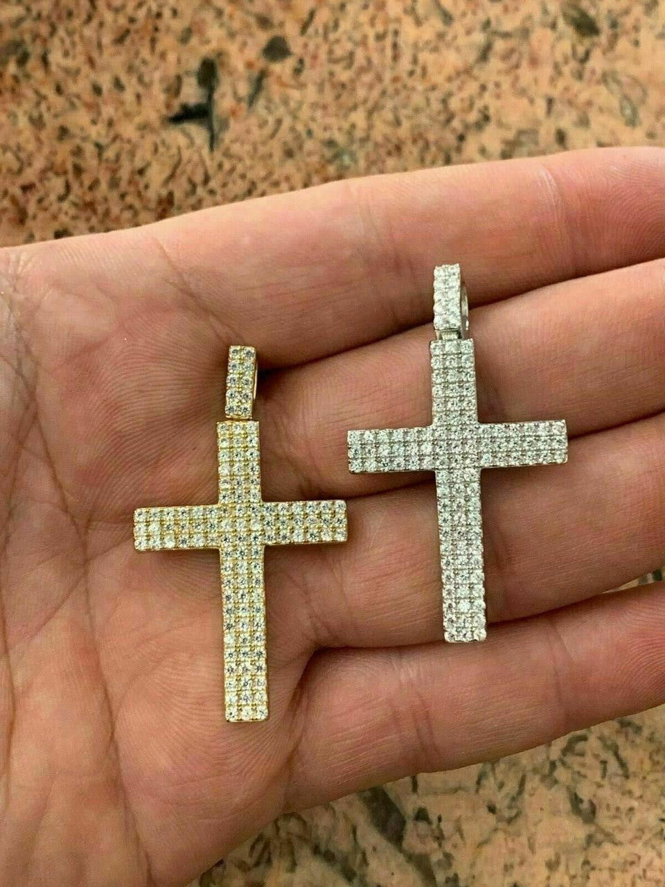 Prong Set Iced Out Cross Pendant - 14k Gold Vermeil or 925 Silver - CZ Stones - Medium 2"