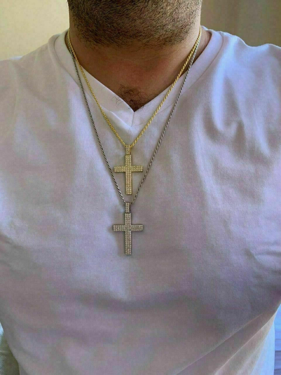 Prong Set Iced Out Cross Pendant - 14k Gold Vermeil or 925 Silver - CZ Stones - Medium 2"