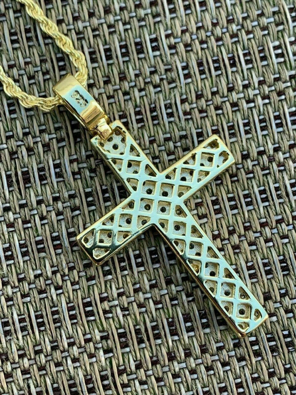 Prong Set Iced Out Cross Pendant - 14k Gold Vermeil or 925 Silver - CZ Stones - Medium 2"