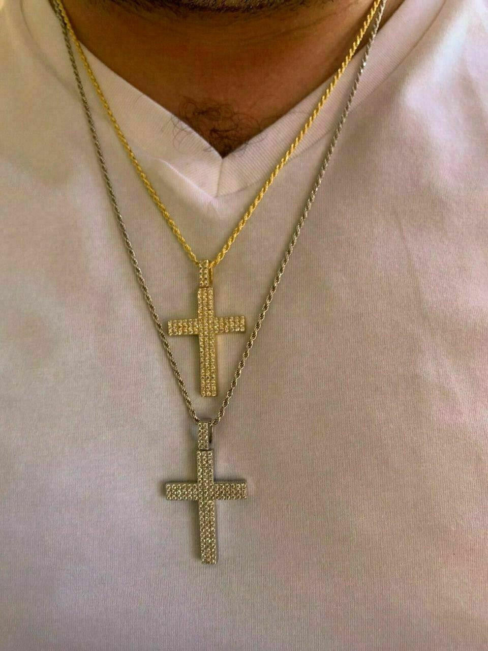 Prong Set Iced Out Cross Pendant - 14k Gold Vermeil or 925 Silver - CZ Stones - Medium 2"