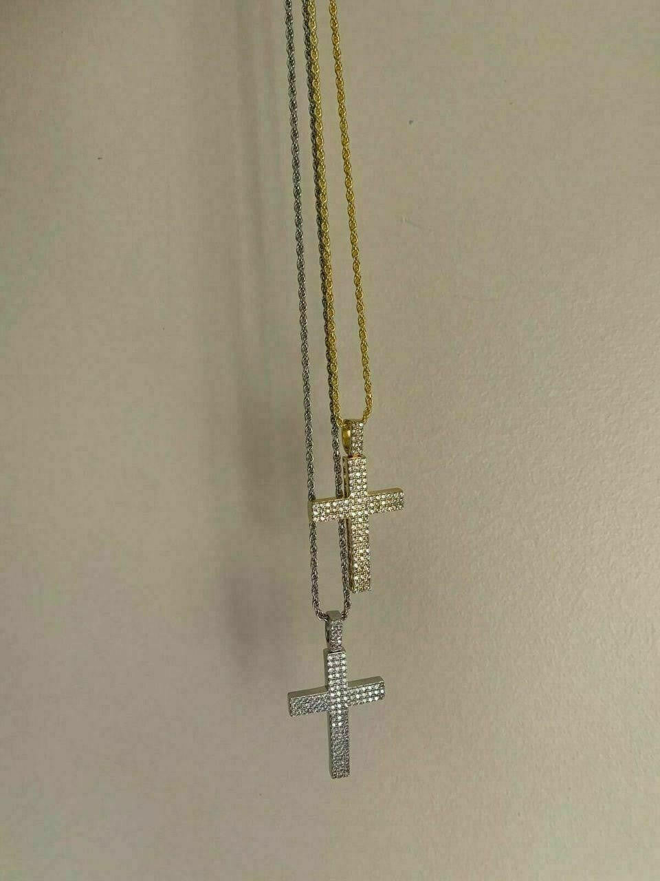 Prong Set Iced Out Cross Pendant - 14k Gold Vermeil or 925 Silver - CZ Stones - Medium 2"