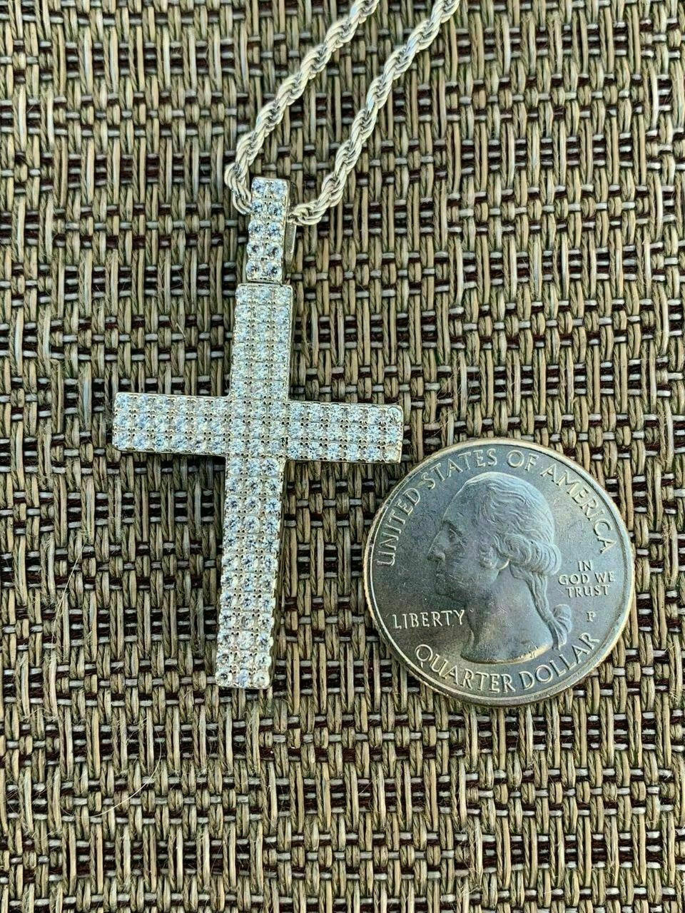Prong Set Iced Out Cross Pendant - 14k Gold Vermeil or 925 Silver - CZ Stones - Medium 2"