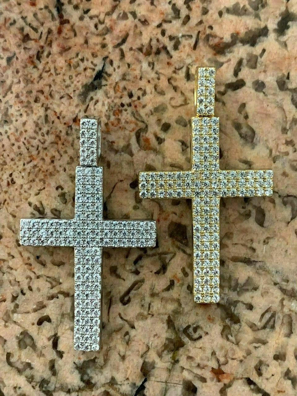 Prong Set Iced Out Cross Pendant - 14k Gold Vermeil or 925 Silver - CZ Stones - Medium 2"