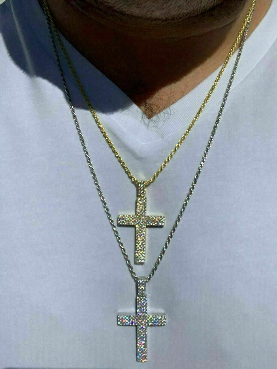 Prong Set Iced Out Cross Pendant - 14k Gold Vermeil or 925 Silver - CZ Stones - Medium 2"