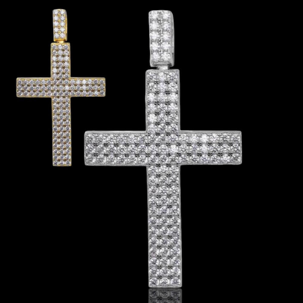 Prong Set Iced Out Cross Pendant - 14k Gold Vermeil or 925 Silver - CZ Stones - Medium 2"
