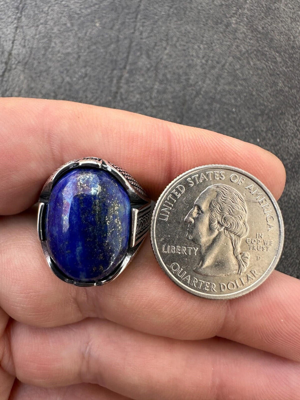 Wealth Ring - 925 Silver Oxidized - Genuine Blue Lapis Lazuli Stone