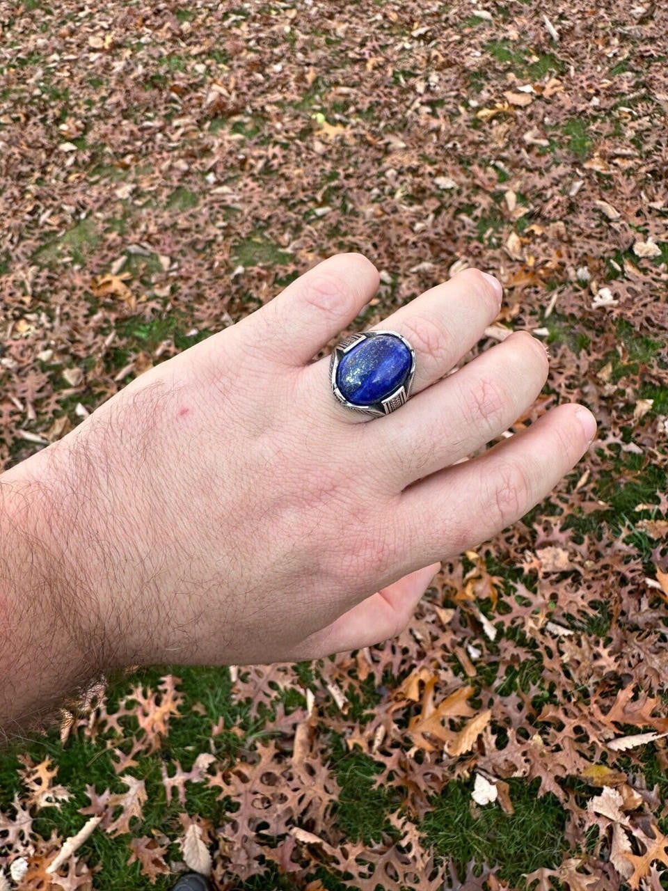 Wealth Ring - 925 Silver Oxidized - Genuine Blue Lapis Lazuli Stone