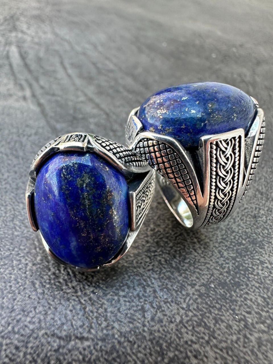 Wealth Ring - 925 Silver Oxidized - Genuine Blue Lapis Lazuli Stone