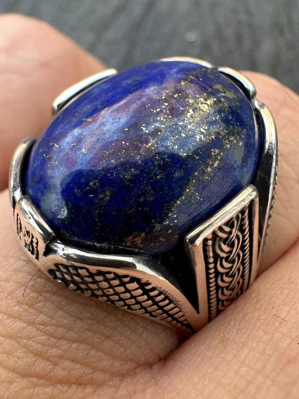 Wealth Ring - 925 Silver Oxidized - Genuine Blue Lapis Lazuli Stone
