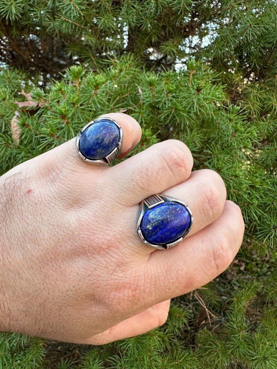 Wealth Ring - 925 Silver Oxidized - Genuine Blue Lapis Lazuli Stone
