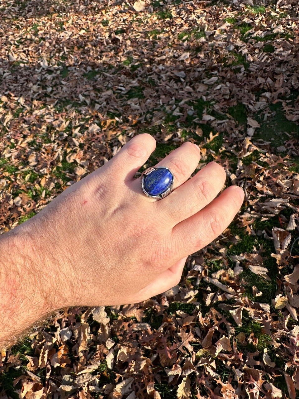 Wealth Ring - 925 Silver Oxidized - Genuine Blue Lapis Lazuli Stone