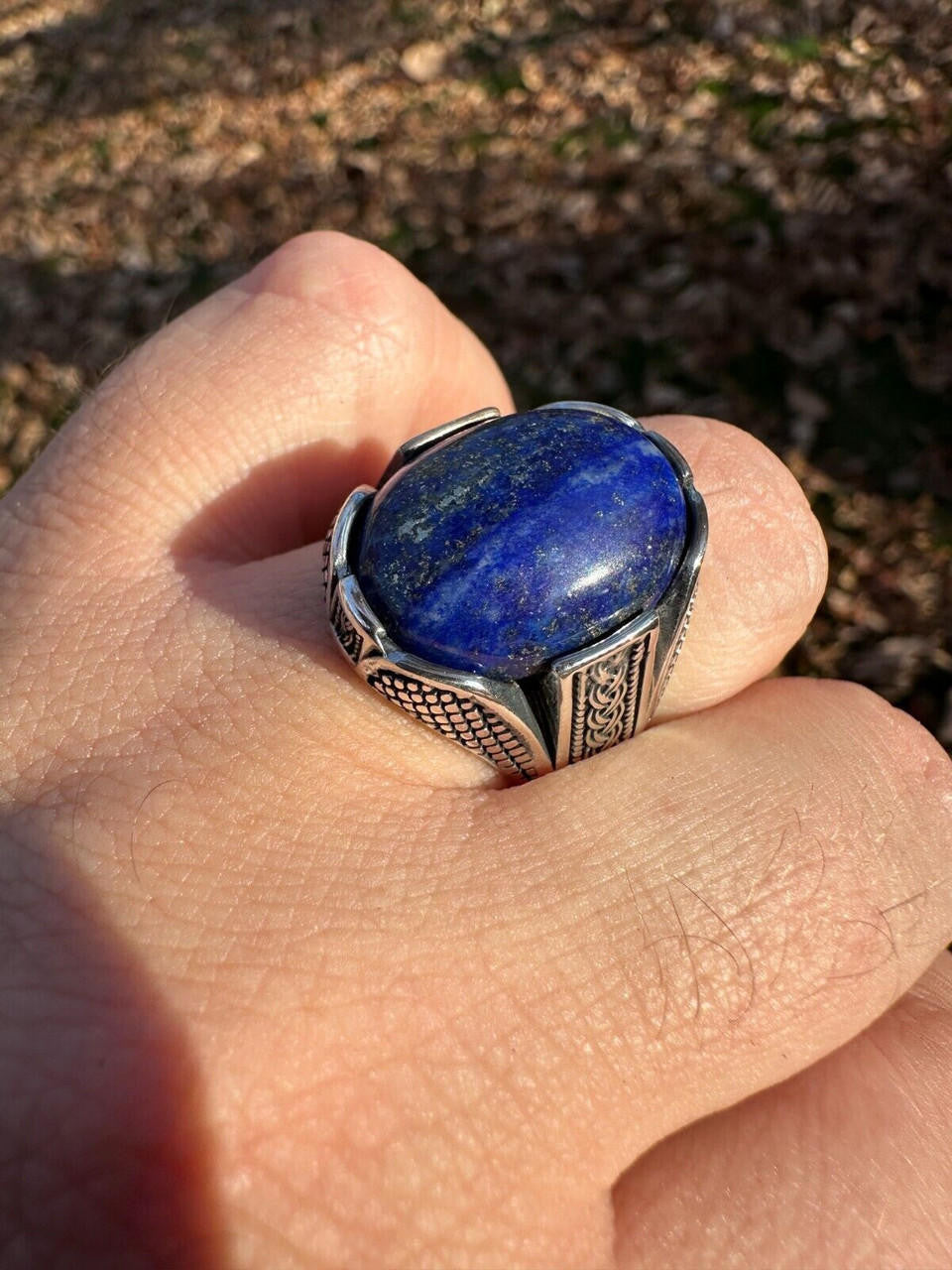 Wealth Ring - 925 Silver Oxidized - Genuine Blue Lapis Lazuli Stone