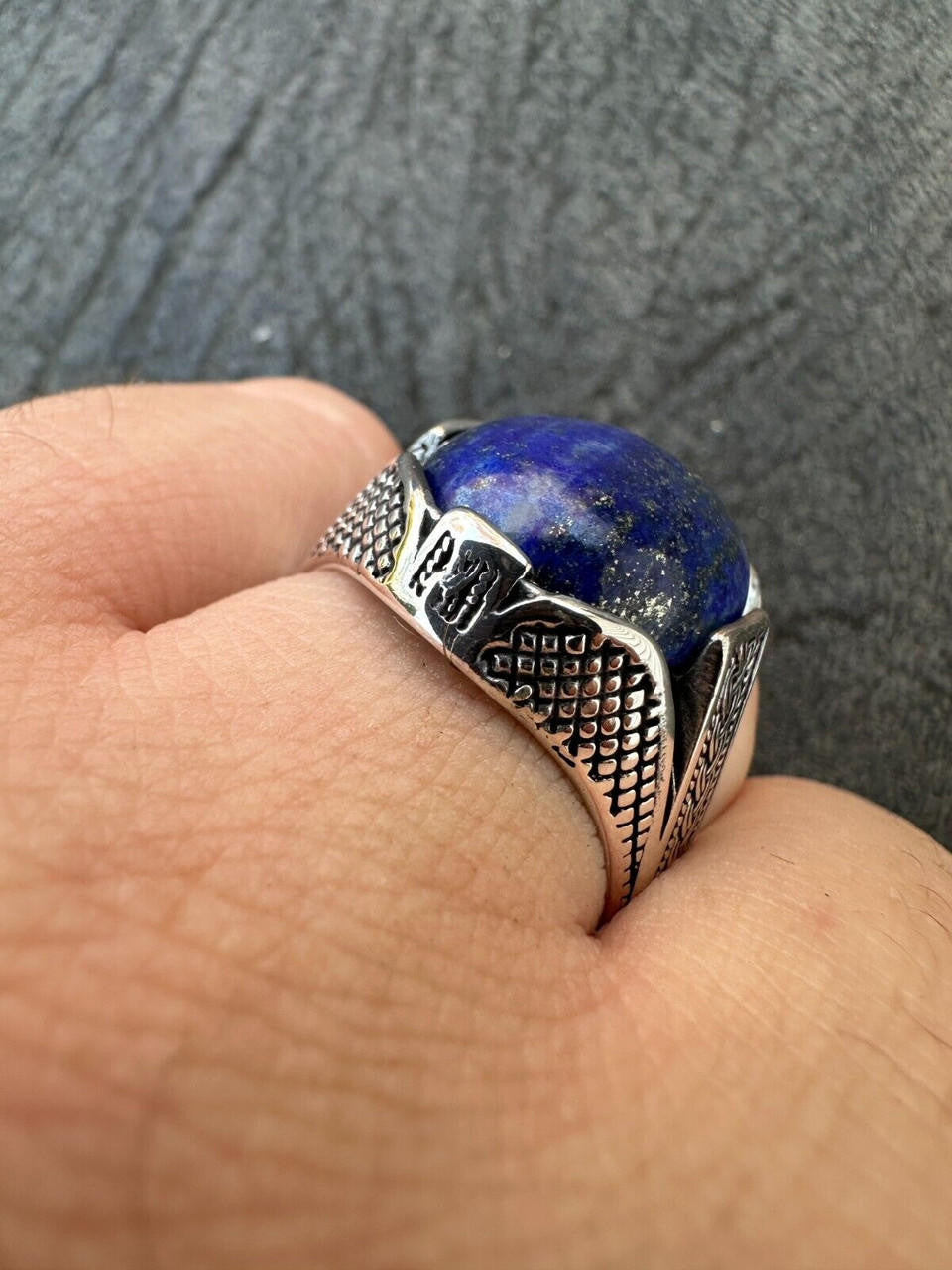 Wealth Ring - 925 Silver Oxidized - Genuine Blue Lapis Lazuli Stone