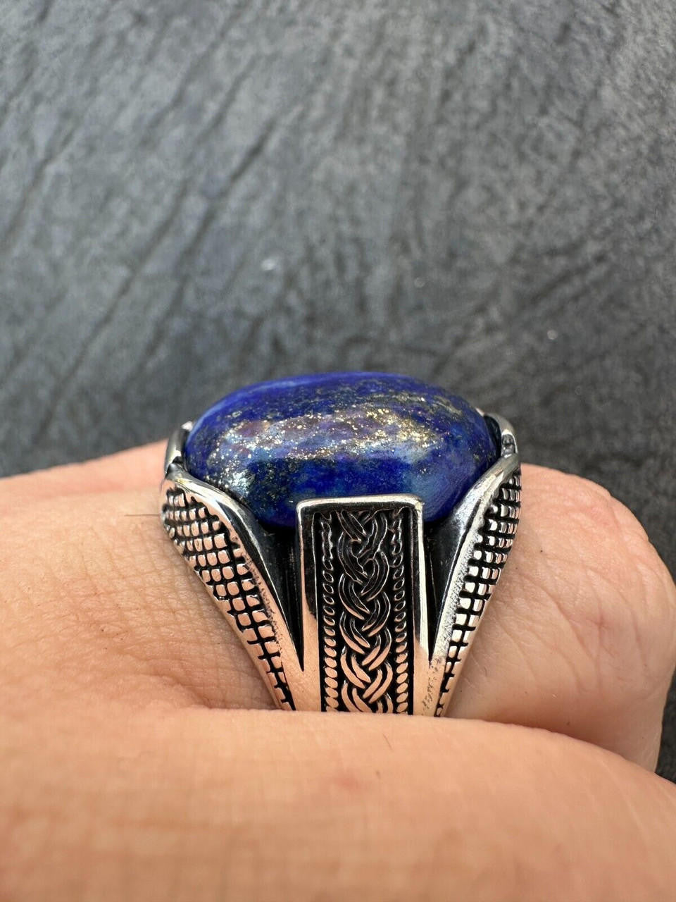 Wealth Ring - 925 Silver Oxidized - Genuine Blue Lapis Lazuli Stone