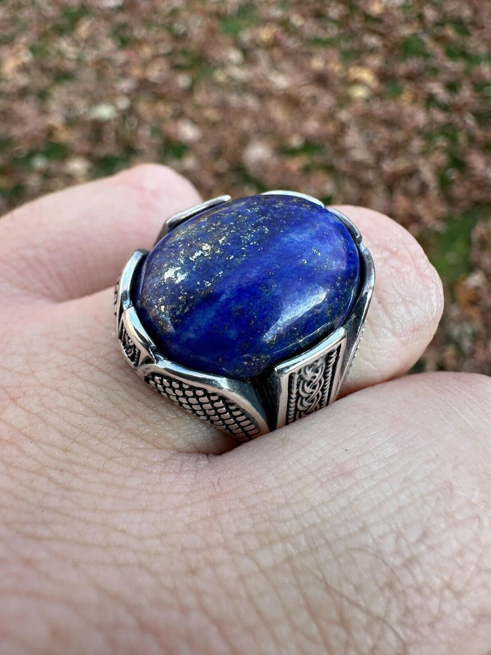 Wealth Ring - 925 Silver Oxidized - Genuine Blue Lapis Lazuli Stone