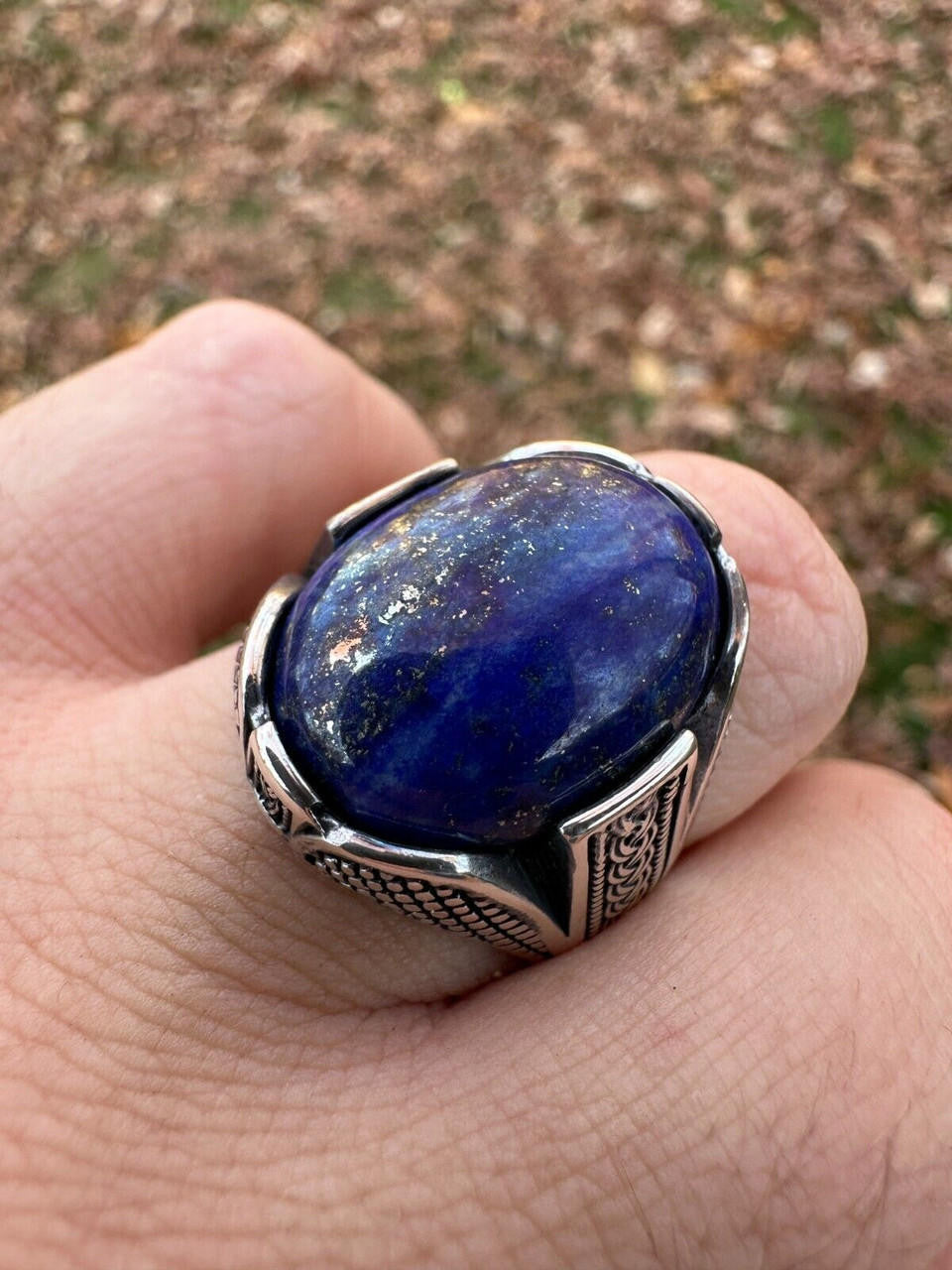 Wealth Ring - 925 Silver Oxidized - Genuine Blue Lapis Lazuli Stone