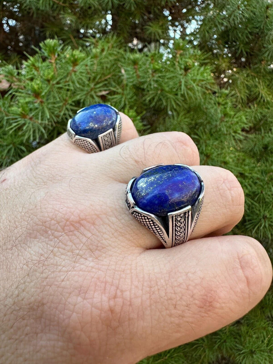 Wealth Ring - 925 Silver Oxidized - Genuine Blue Lapis Lazuli Stone