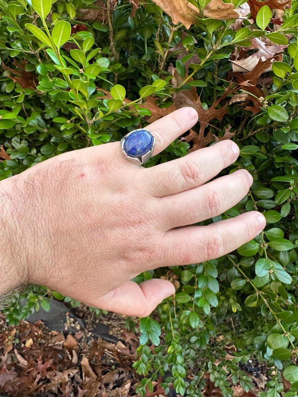 Wealth Ring - 925 Silver Oxidized - Genuine Blue Lapis Lazuli Stone