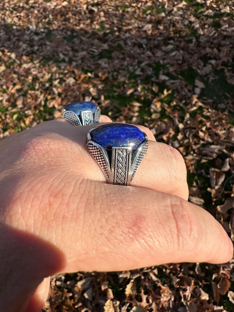 Wealth Ring - 925 Silver Oxidized - Genuine Blue Lapis Lazuli Stone
