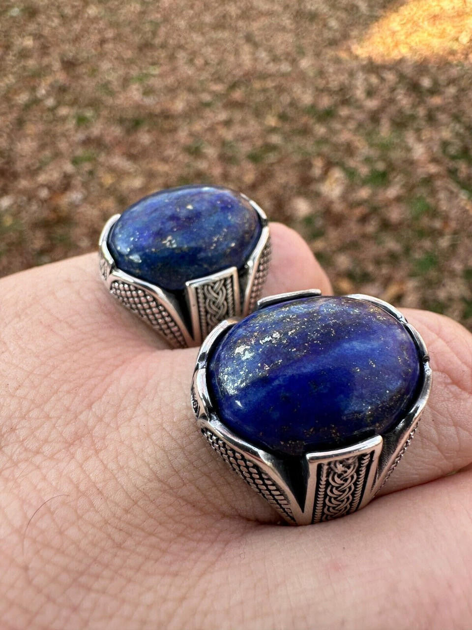 Wealth Ring - 925 Silver Oxidized - Genuine Blue Lapis Lazuli Stone