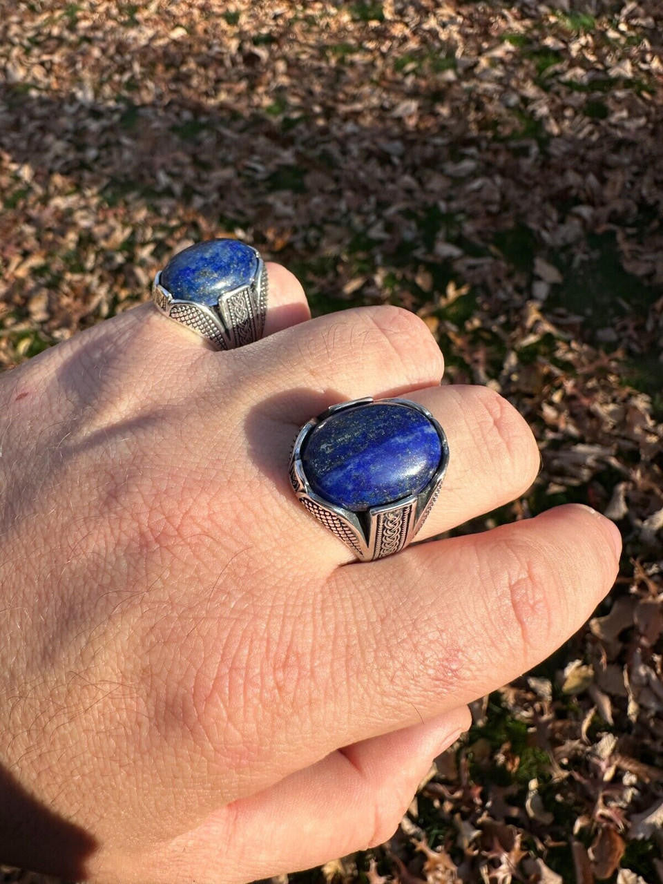 Wealth Ring - 925 Silver Oxidized - Genuine Blue Lapis Lazuli Stone