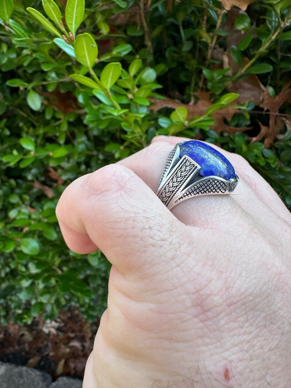 Wealth Ring - 925 Silver Oxidized - Genuine Blue Lapis Lazuli Stone