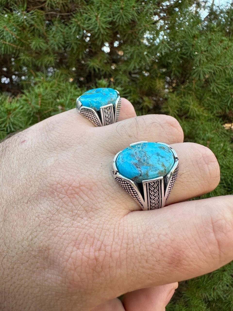Wealth Ring - 925 Silver Oxidized - Genuine Blue Turquoise Stone
