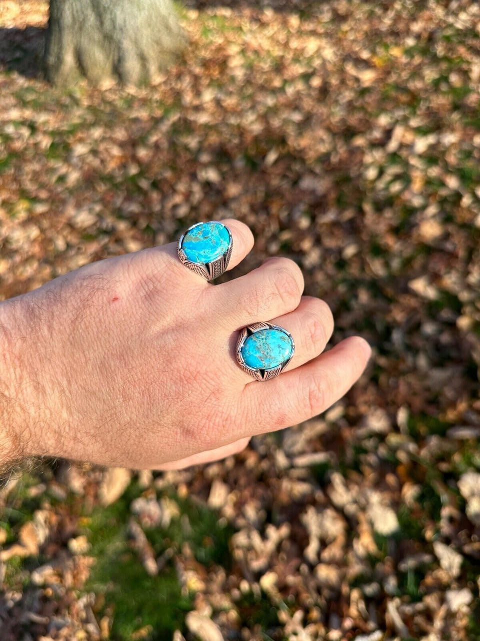 Wealth Ring - 925 Silver Oxidized - Genuine Blue Turquoise Stone