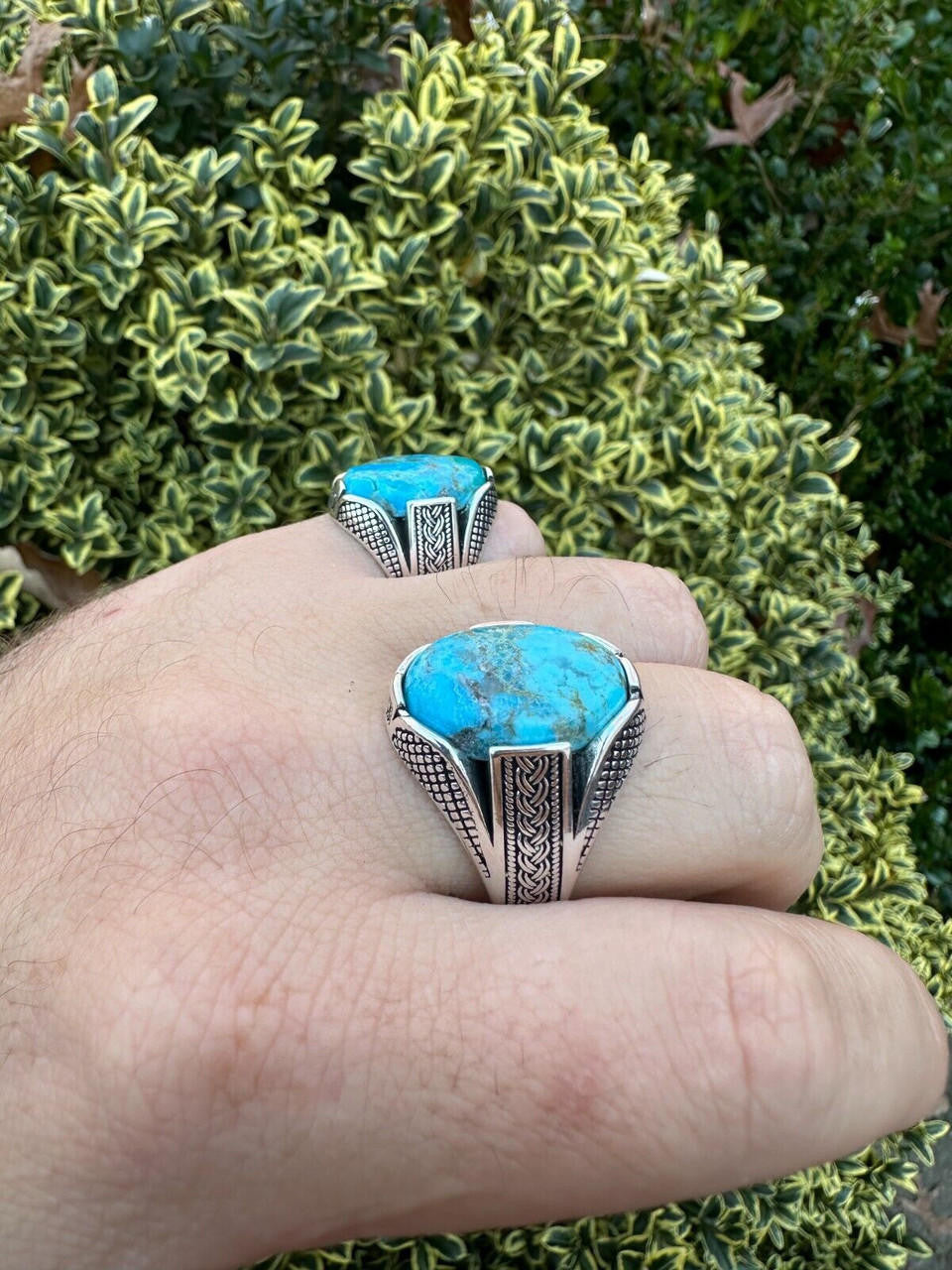 Wealth Ring - 925 Silver Oxidized - Genuine Blue Turquoise Stone
